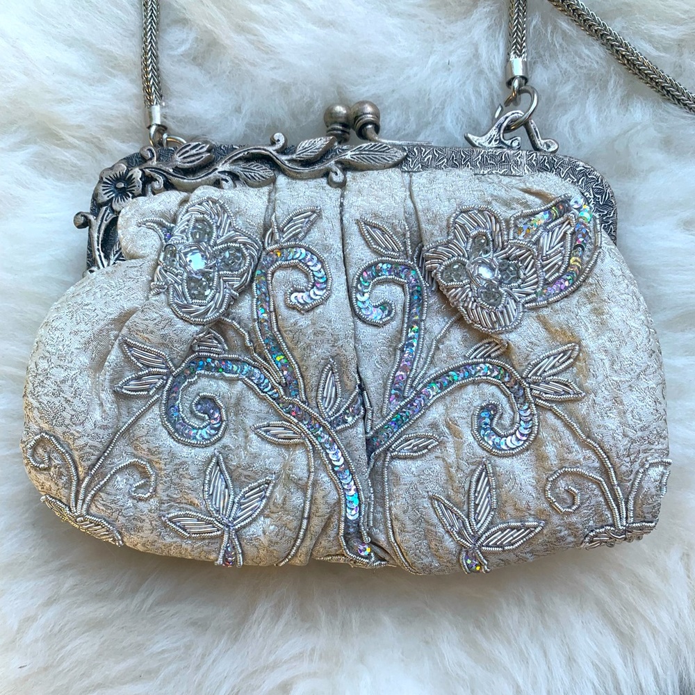 Vintage Silver and Tan Embroidered Mini Bag
